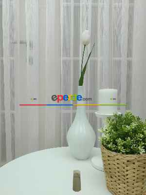 Hazır Ölçülü Çizgili Modern Düz Eteği Kurşunlu Tül Perde - Ütü İstemez