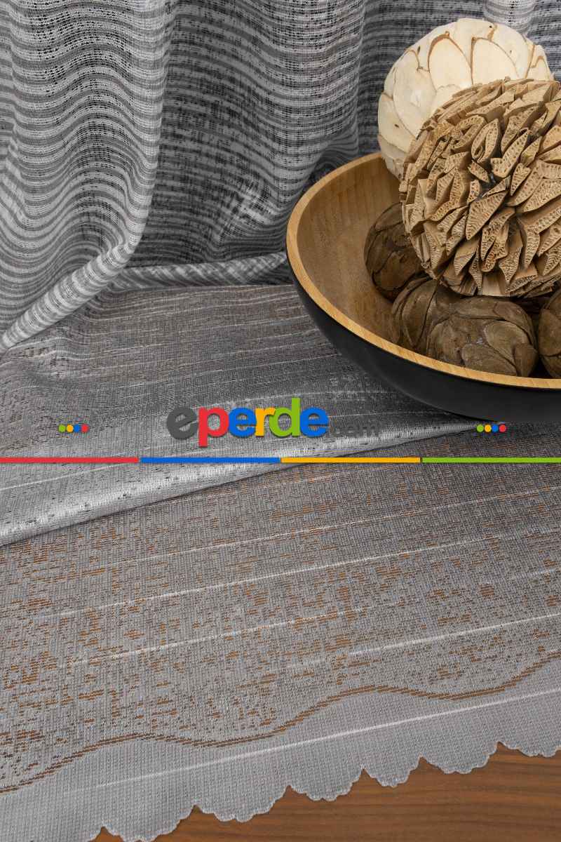 mutfak - Gri Modern Çizgili Örme Tül - Eteği Açık Gri Üstü Ekru Renk ( Degrade Geçişli )