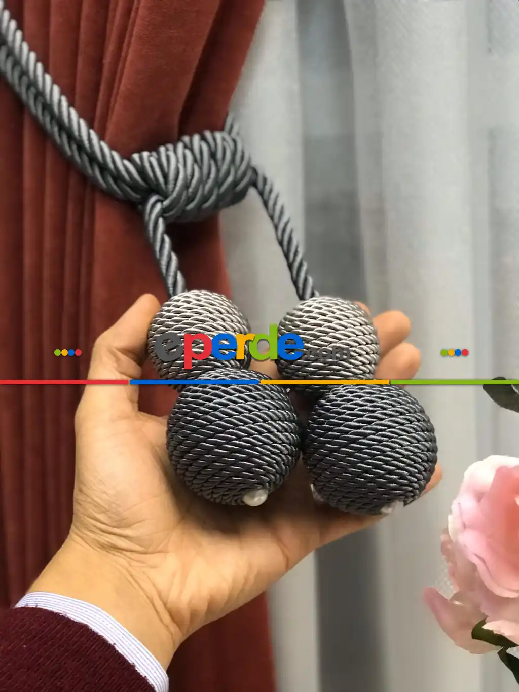 Kordon Sarım Özel Fon Perde Bağı Çift Toplu Füme Gri- Füme-gri Açık