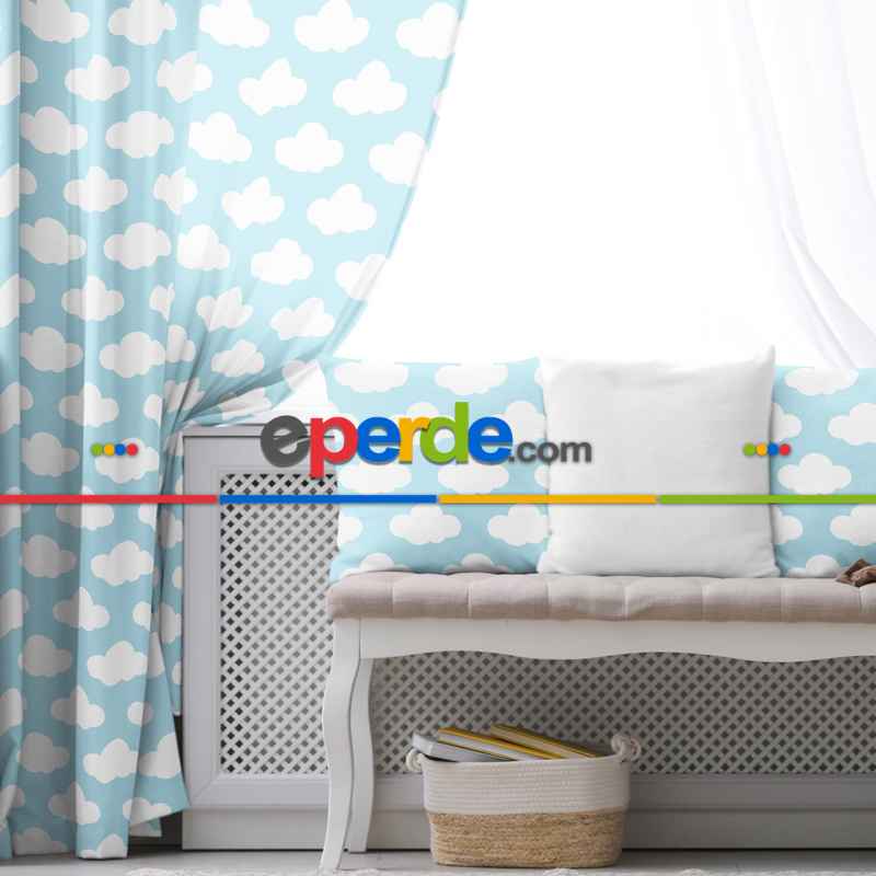 Bebek Bulut Desenli Fon Perde Evim 484-2 Kumaşı Kalındır Duck Bezi Değildir- Mavi-beyaz