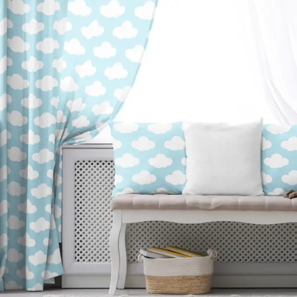 Çocuk Odası - Bebek Bulut Desenli Fon Perde Evim 484-2 Kumaşı Kalındır Duck Bezi Değildir- Mavi-beyaz