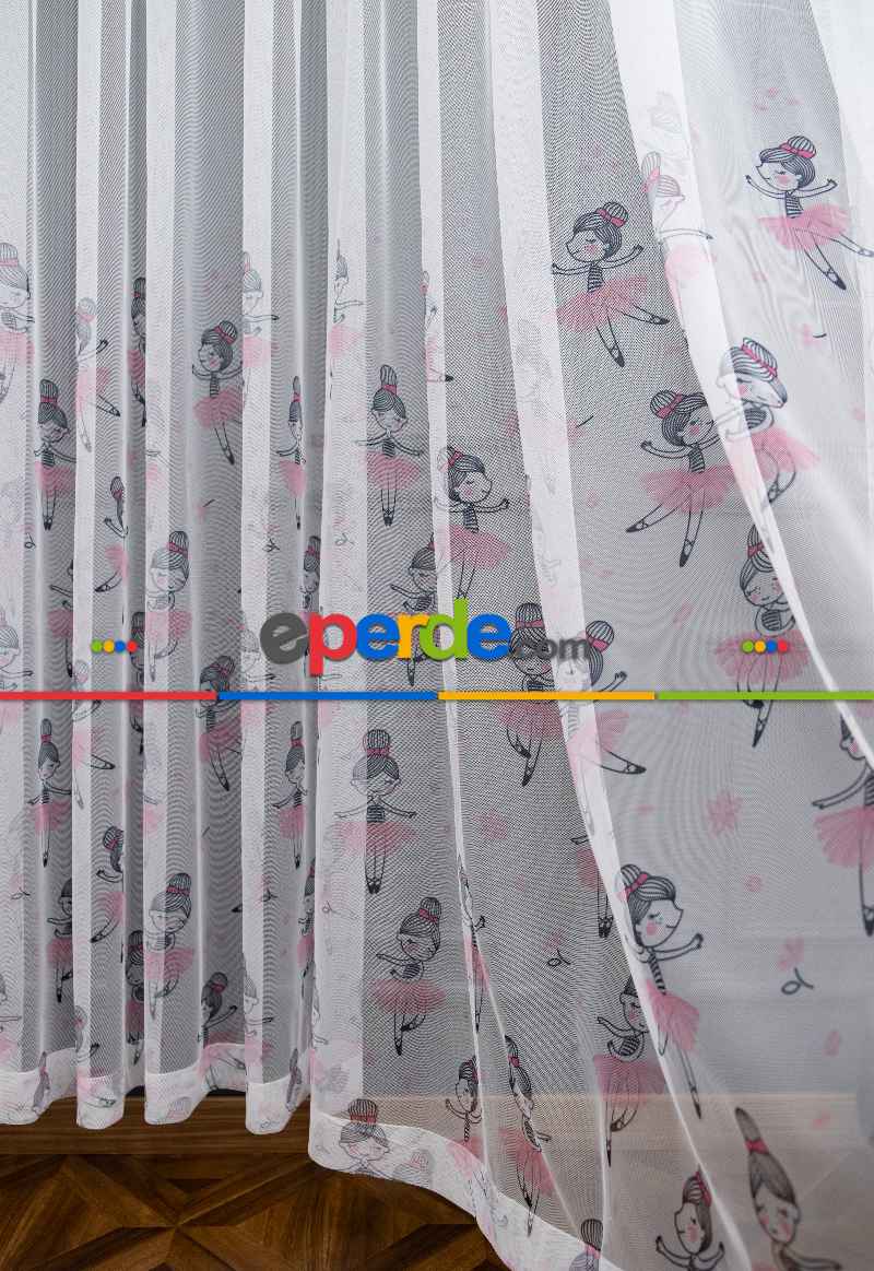 Kız Çocuk Odası Tül Perde - Petek Zemin Gri Pembe Renkli Balerin Kız Desenli Grek Baskılı Tül Perde