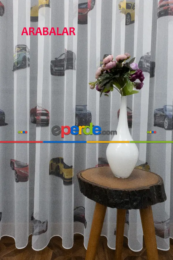 Çocuk Odası - Arabalar Desenli Modern Tül Perde - Elit Ürün