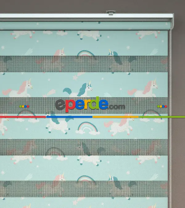 Unicorn Desenli Baskılı Zebra Perde- Çok Renkli