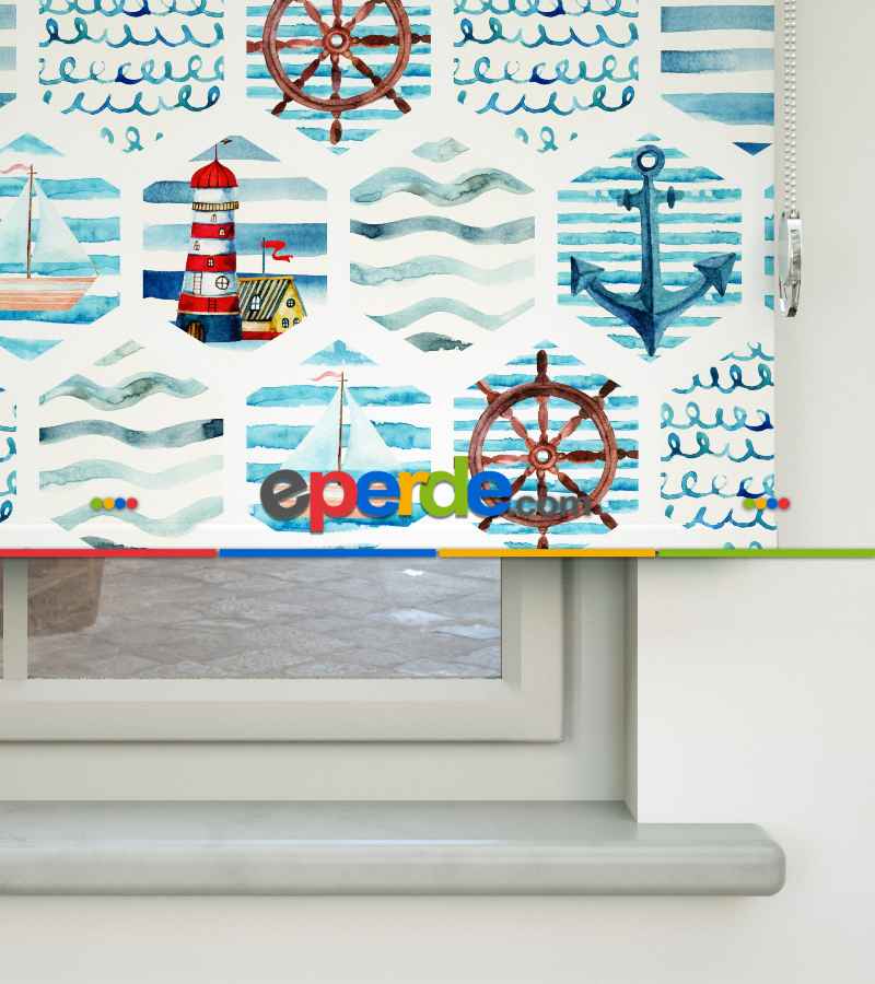 Deniz Feneri Baskılı Stor Perde- Yeşil-mavi-beyaz