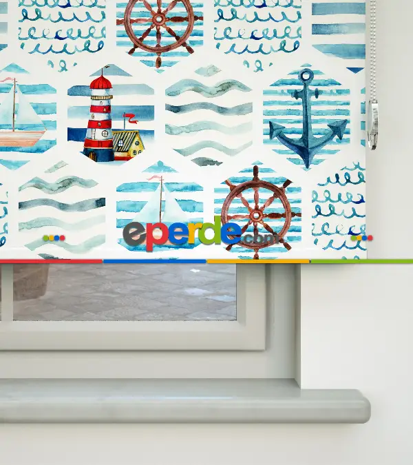 Deniz Feneri Baskılı Stor Perde- Yeşil-mavi-beyaz