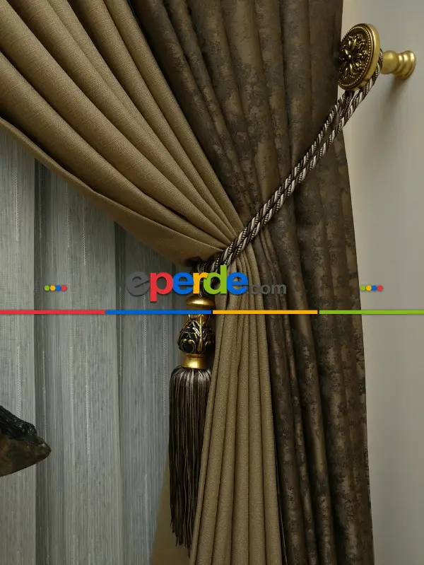 Açık Koyu Kahve Renk Kombinli Desenli Fon Perde- Kahve Koyu-sütlü Kahve