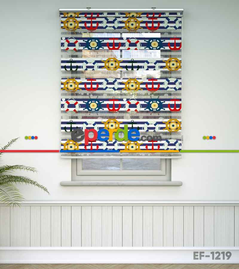 Bebek Odası Zebra Perde - Çapa Baskılı Zebra Perde- Mavi-Kırmızı-Beyaz-Hardal Sarısı