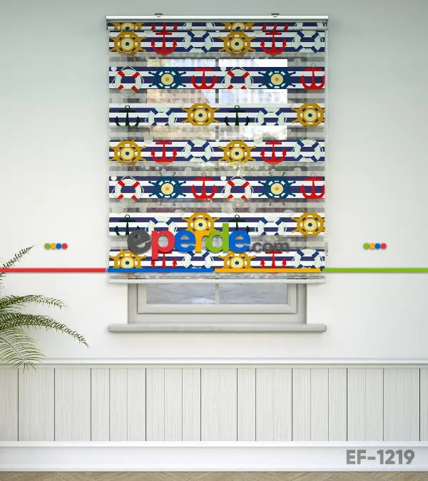 Bebek Odası Zebra Perde - Çapa Baskılı Zebra Perde- Mavi-Kırmızı-Beyaz-Hardal Sarısı