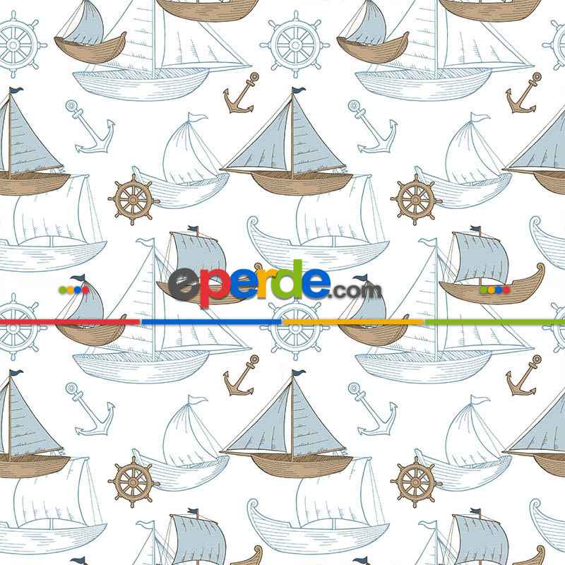 Marine Kayık Desenli Fon Perde Evm669 Kumaşı Kalındır Duck Bezi Değildir- Mavi-Beyaz