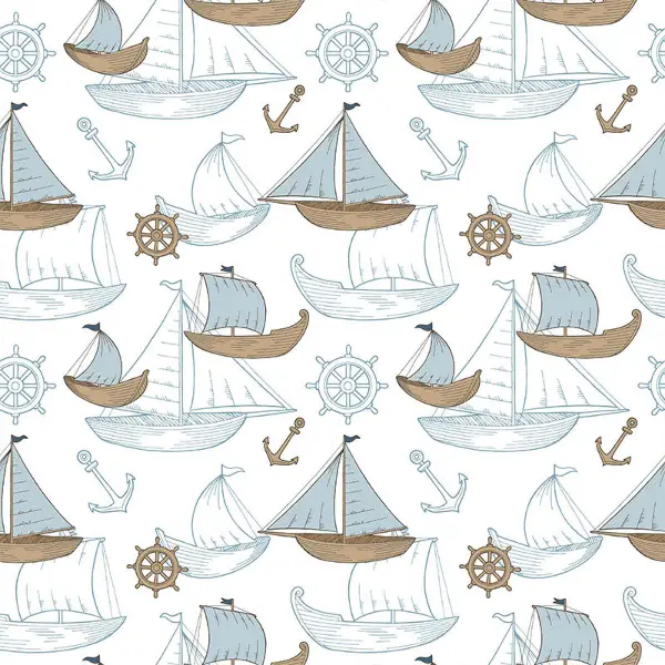 Marine Kayık Desenli Fon Perde Evm669 Kumaşı Kalındır Duck Bezi Değildir- Mavi-Beyaz