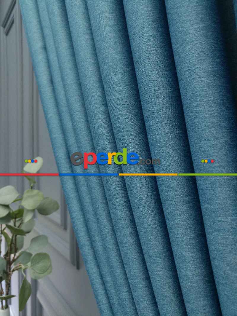 Saon Perdesi - Modern Keten Görünümlü Işık Geçirmez Karatma Fon Perde 2021 Ikon- Mavi Koyu