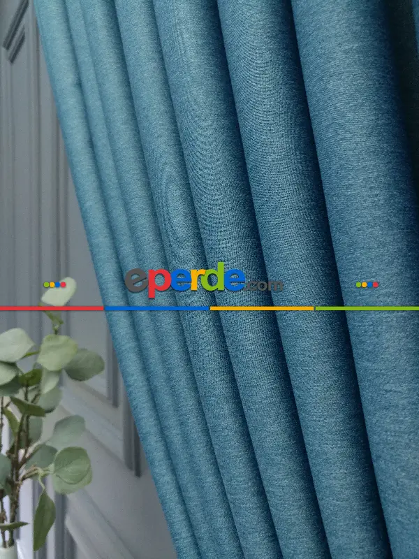 Yatak Odası - Modern Keten Görünümlü Işık Geçirmez Karatma Fon Perde 2021 Ikon- Mavi Koyu-turkuaz