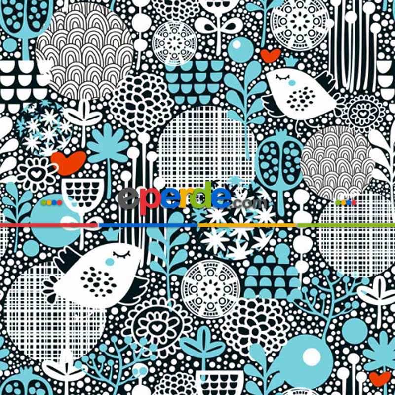 Kuş Desenli Fon Perde Evm1105 Kumaşı Kalındır Duck Bezi Değildir- Beyaz-Turkuaz