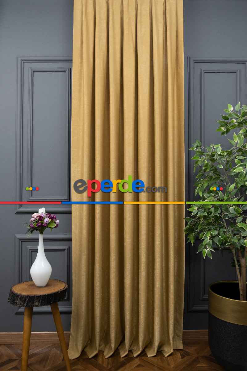 Salon - Soft Fon Perde Hardal Rengi Dökümlü En - Hardal