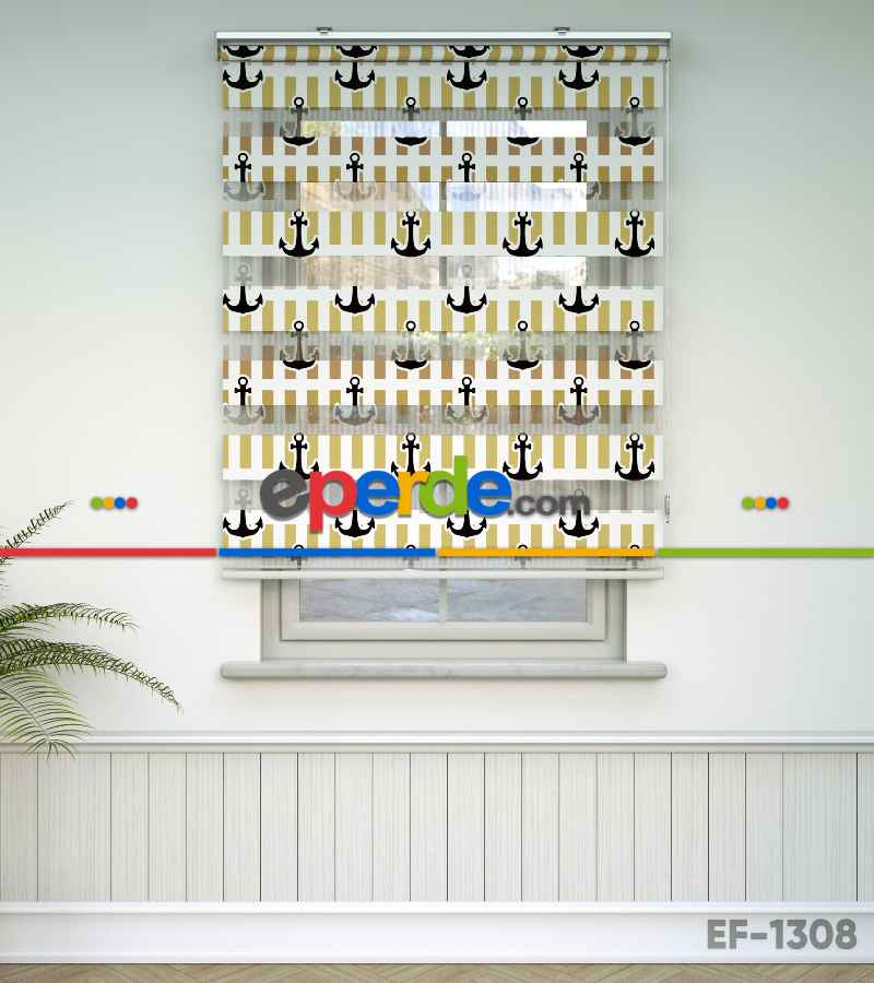 Çapa Baskılı Zebra Perde- Siyah-sarı-beyaz