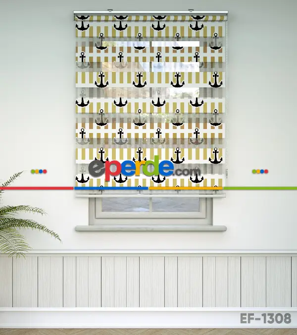 Bebek Odası Zebra Perde - Çapa Baskılı Zebra Perde- Siyah-Sarı-Beyaz