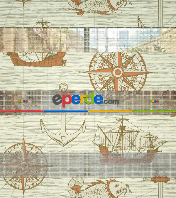 Bebek Odası Zebra Perde - Gemi Ve Pusula Desen Baskılı Zebra Perde- Bej-Turuncu