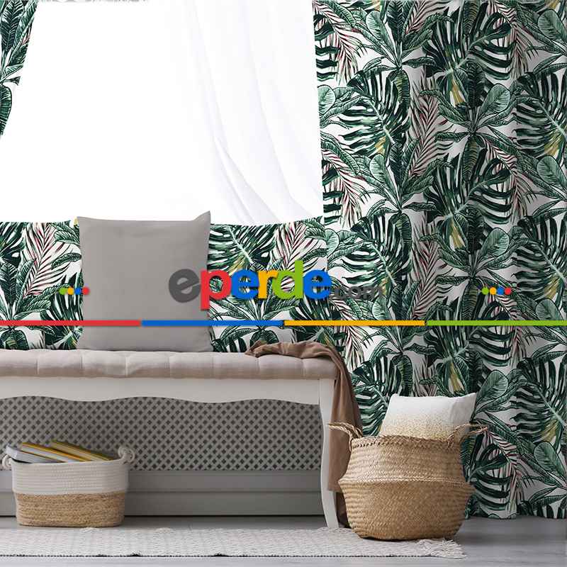 Yapraklı Fon Perde Evim1089 Kumaşı Kalındır Duck Bezi Değildir- Mavi-beyaz