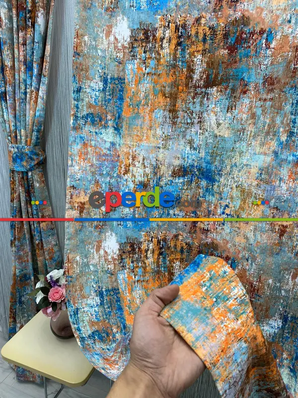 Modern Desenli Fon Perde 7 - ( Kalın Pamuklu Kumaş)- Kahve Venge-mavi Açık-mavi Koyu-ekru-hardal Sarısı