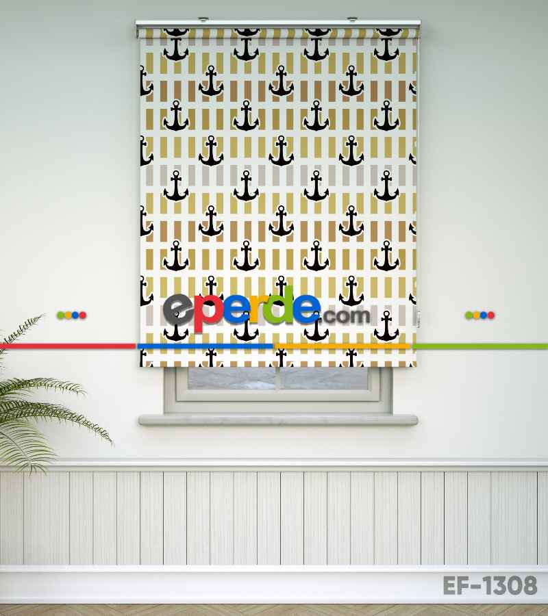 Çocuk Odası Stor Perde - Çapa Baskılı Stor Perde- Siyah-Mavi-Sarı-Beyaz