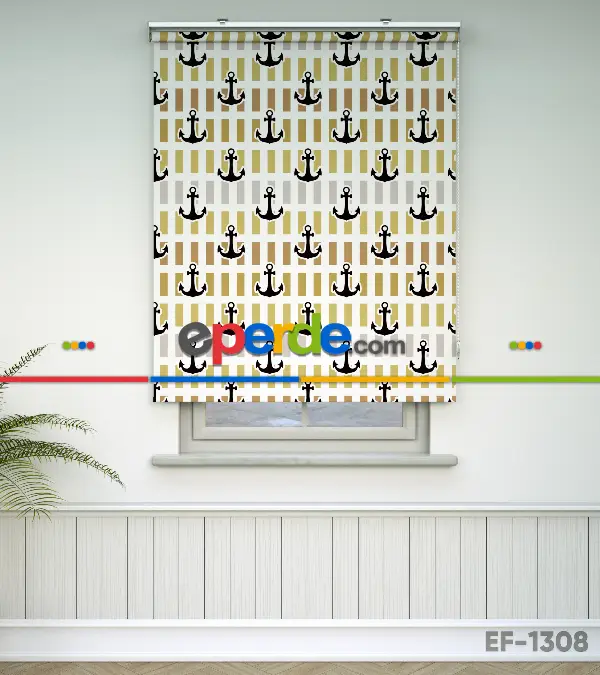 Çapa Baskılı Stor Perde- Siyah-mavi-sarı-beyaz