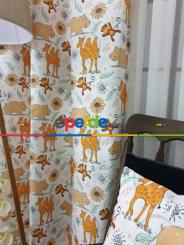 Hayvan Desenli Fon Perde Evm1087-1 Kumaşı Kalındır Duck Bezi Değildir- Siyah-beyaz-pembe Açık