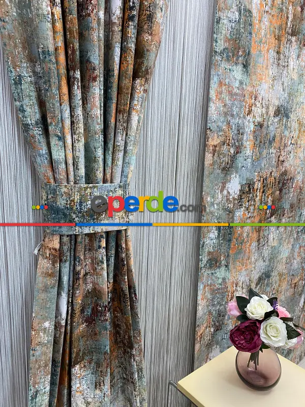 Patinedesenli Modern Desenli Fon Perde 3 - ( Kalın Pamuklu Kumaş)- Siyah-mavi-füme-ekru-hardal Sarısı-turkuaz Yeşili Ara Renk