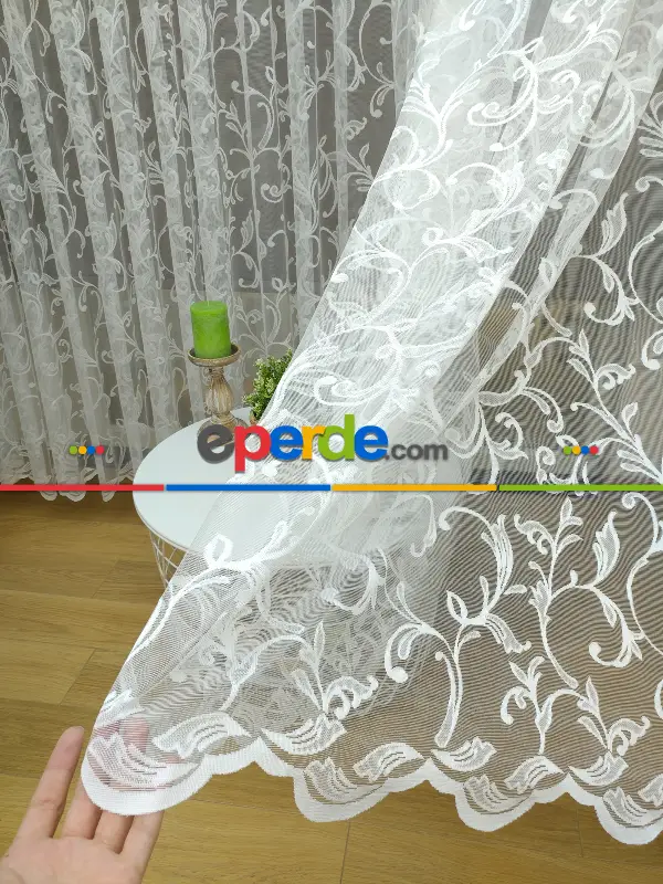 ( Orjinal ) Sarmaşık Desenli Fransız Dantel Tül Perde- Ekru