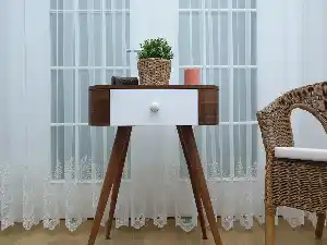 Etek Ucu Koordeneli Nakışlı Tül Perde- Ekru