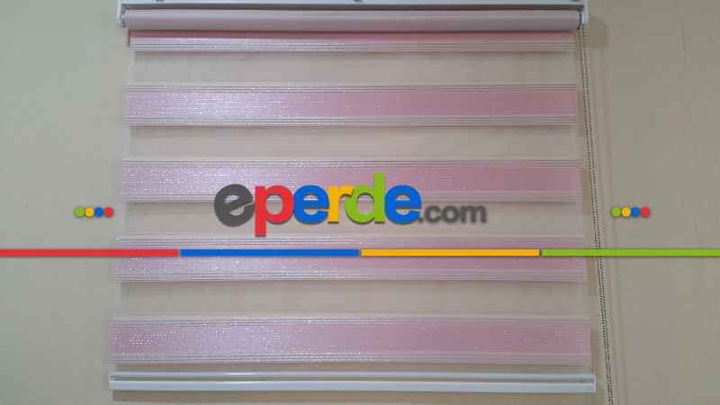 Mutfak - Pembe Plise Simli Zebra Perde- Pembe-gri Simli-ekru