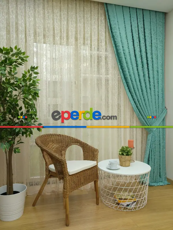 Yatak Odası - Mint Duz Jakar Fon Perde - Turkuaz Yeşili Ara Renk