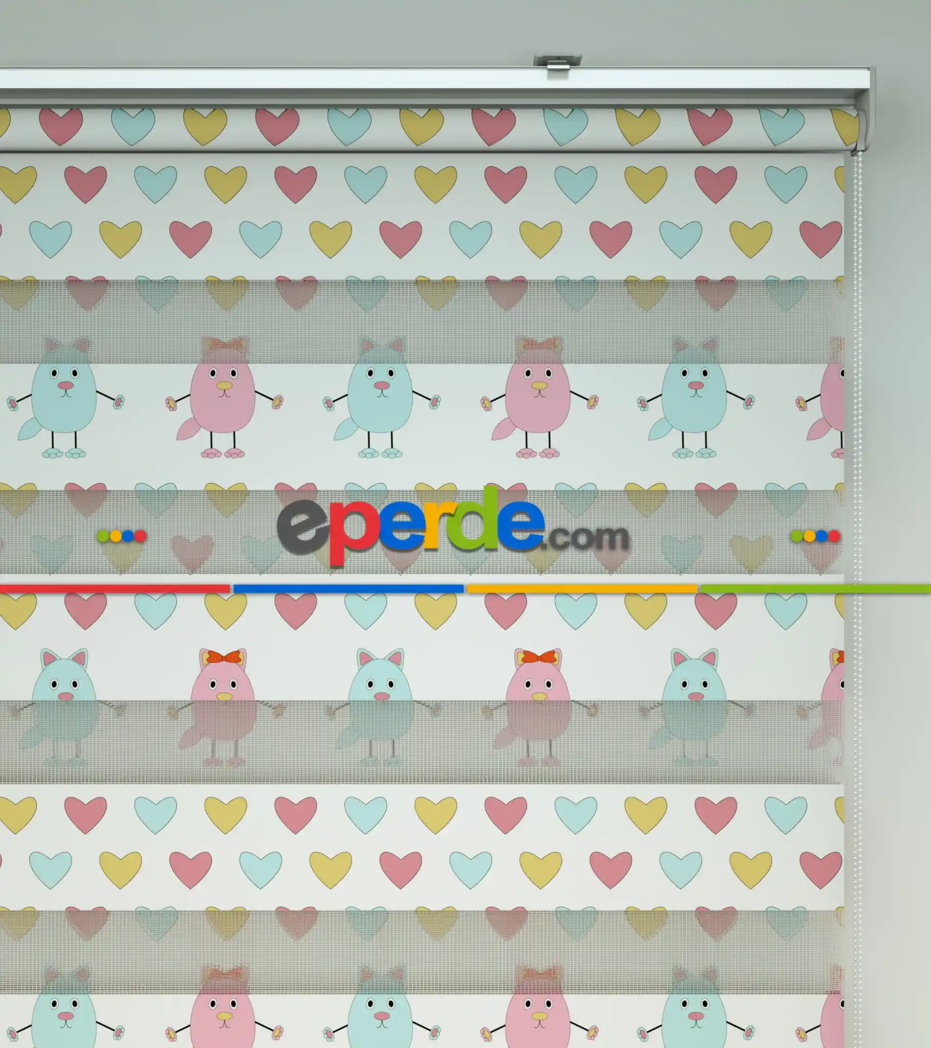 Renkli Kalp Desenli Baskılı Zebra Perde- Çok Renkli