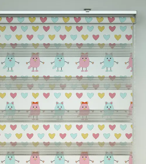 Renkli Kalp Desenli Baskılı Zebra Perde- Çok Renkli