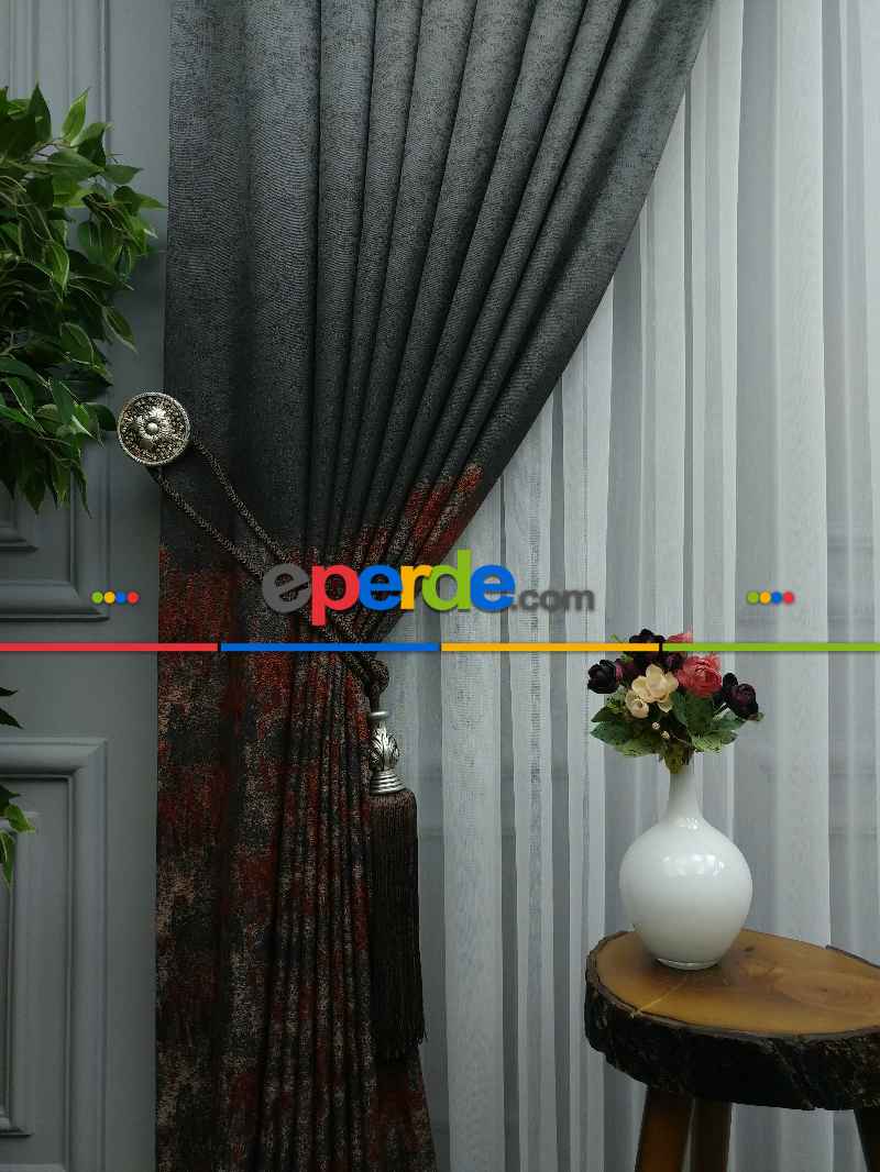 Patinedesenli Antrasit Kremit Jakar Fon Perde (180)- Kiremit Rengi