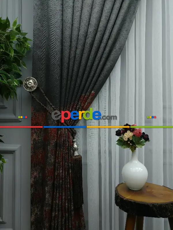 Yatak Odası - PatineDesenli Antrasit Kremit Jakar Fon Perde (180)- Kiremit Rengi