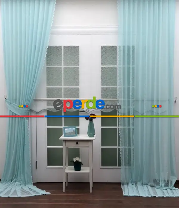 Turkuaz Düz Tül Kombinli Fon Perde Tül Stor Kod:14216- Turkuaz