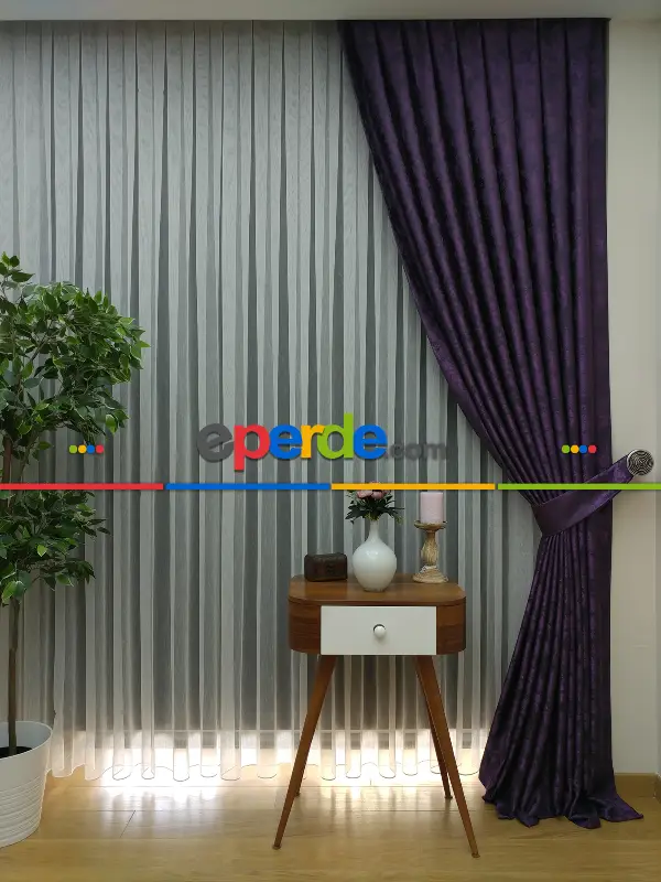 Patine Desenli Patlıcan Moru Renk Jakar Desenli Fon Perde- Mor Patlıcan Moru