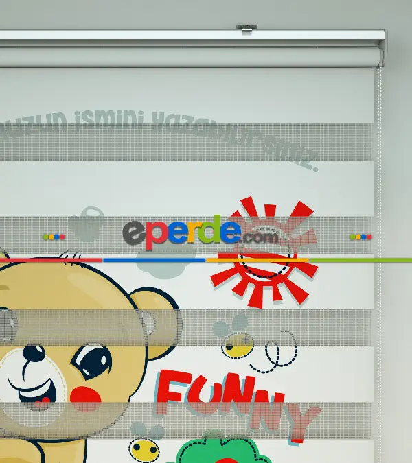 Sevimli Ayıcık Desenli Özel Baskılı Zebra Perde- Çok Renkli