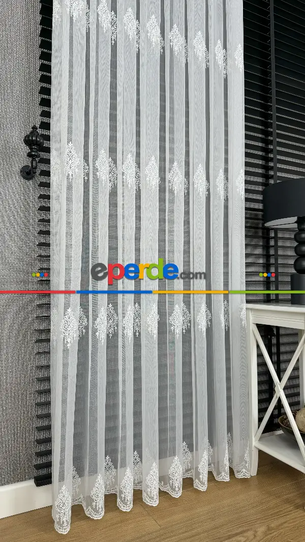 Ekru Özel Dokuma, Özel İplik Hafif Simli Brode İşlemeli Tül Perde - Ağır Gramajlı Premium Nakışlı