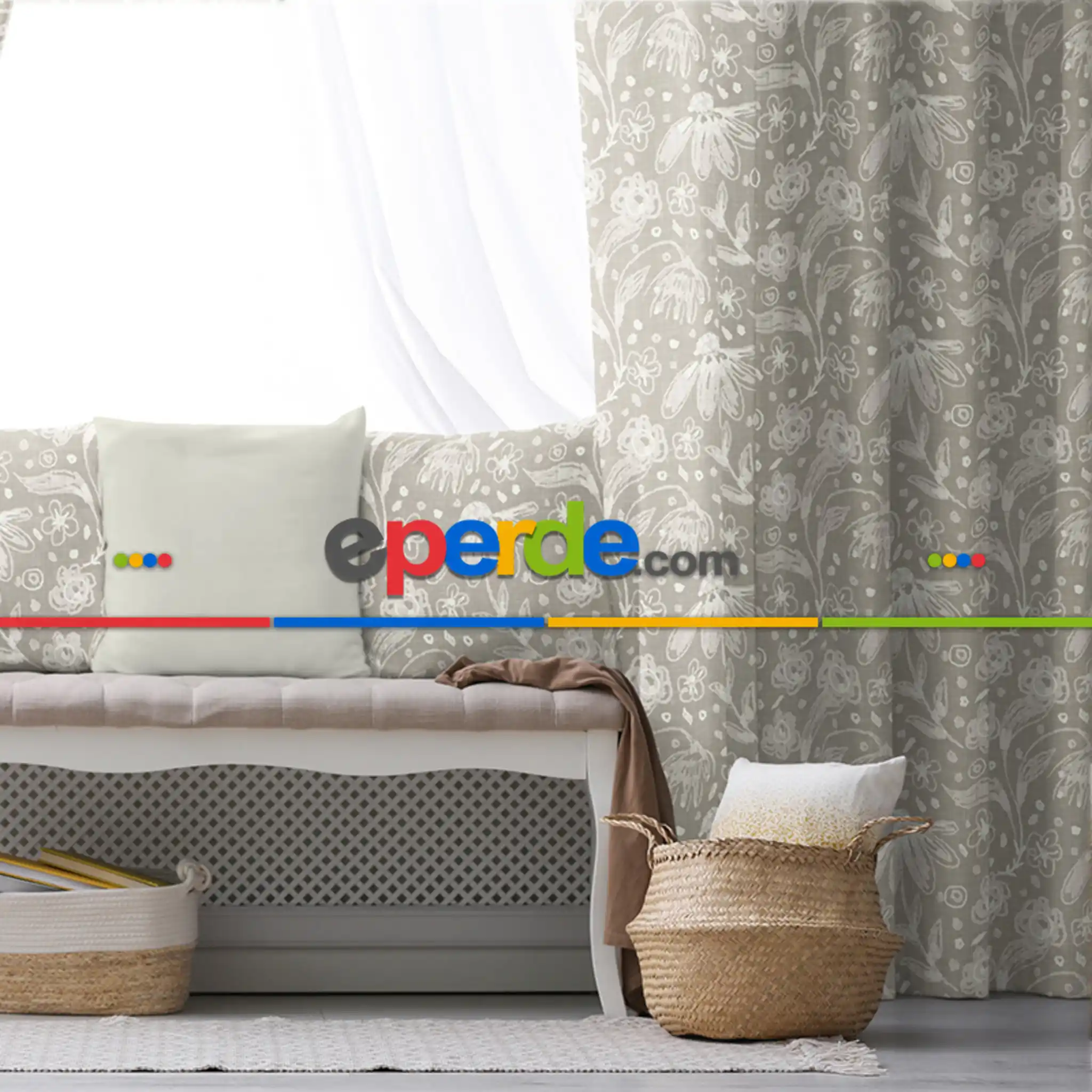 Oturma Odası Fon Perde Evim1596 Kumaşı Kalındır Duck Bezi Değildir- Mavi-beyaz