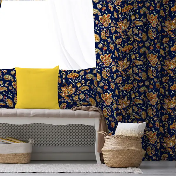 Yaprak Desenli Fon Perde Evim787 Kumaşı Kalındır Duck Bezi Değildir- Mavi-beyaz