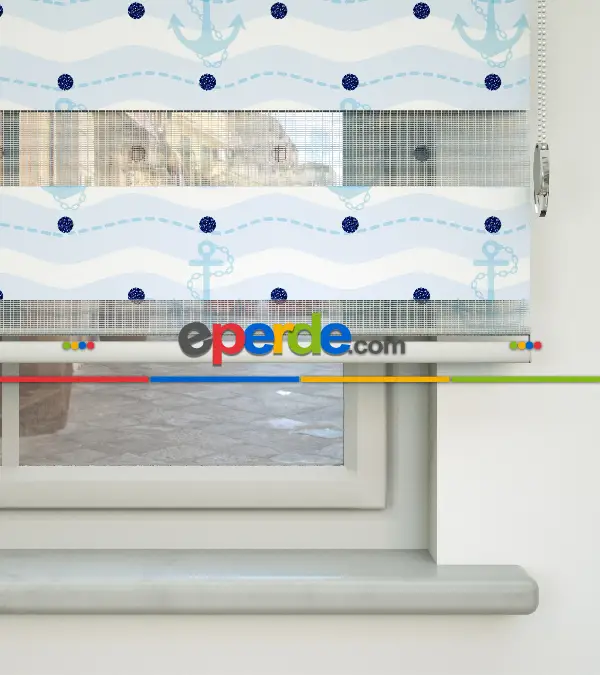 Bebek Odası Zebra Perde - Çapa Baskılı Zebra Perde- Lacivert-Mavi-Beyaz