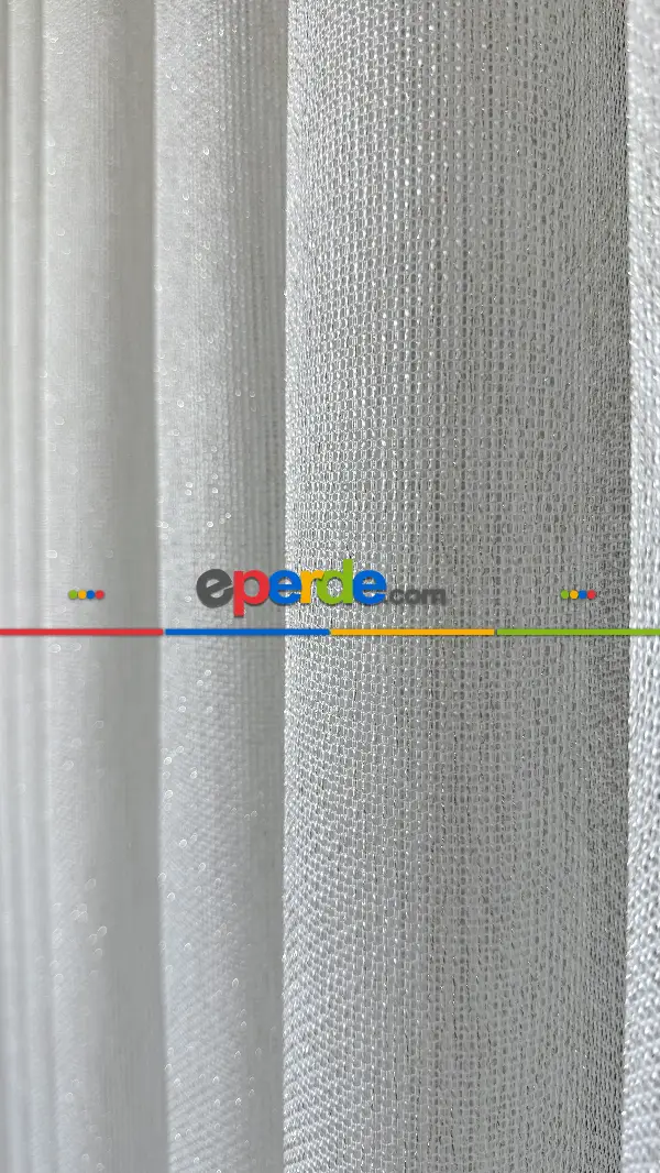 Salon - Ekru Keten Gümüş Simli Tül Perde - Ağır Gramajlı Premium