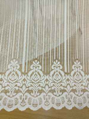 Etek Ucu Desenli Boyuna Çizgili Dantel Tül Perde- Ekru