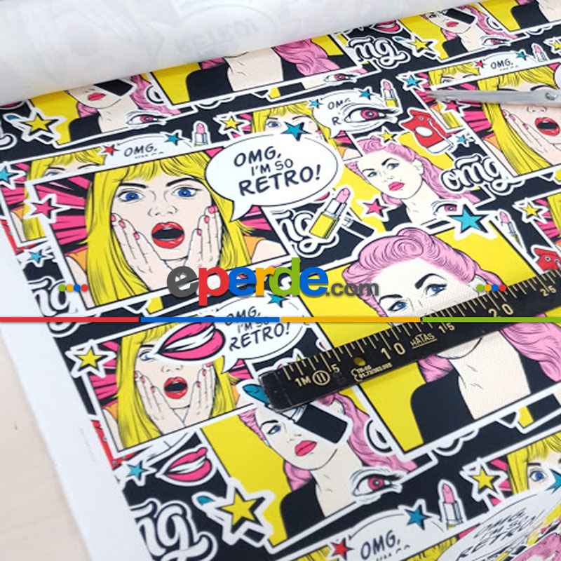 Popart Desenli Fon Perde Evm1072 Kumaşı Kalındır Duck Bezi Değildir- Siyah-Sarı-Pembe Koyu