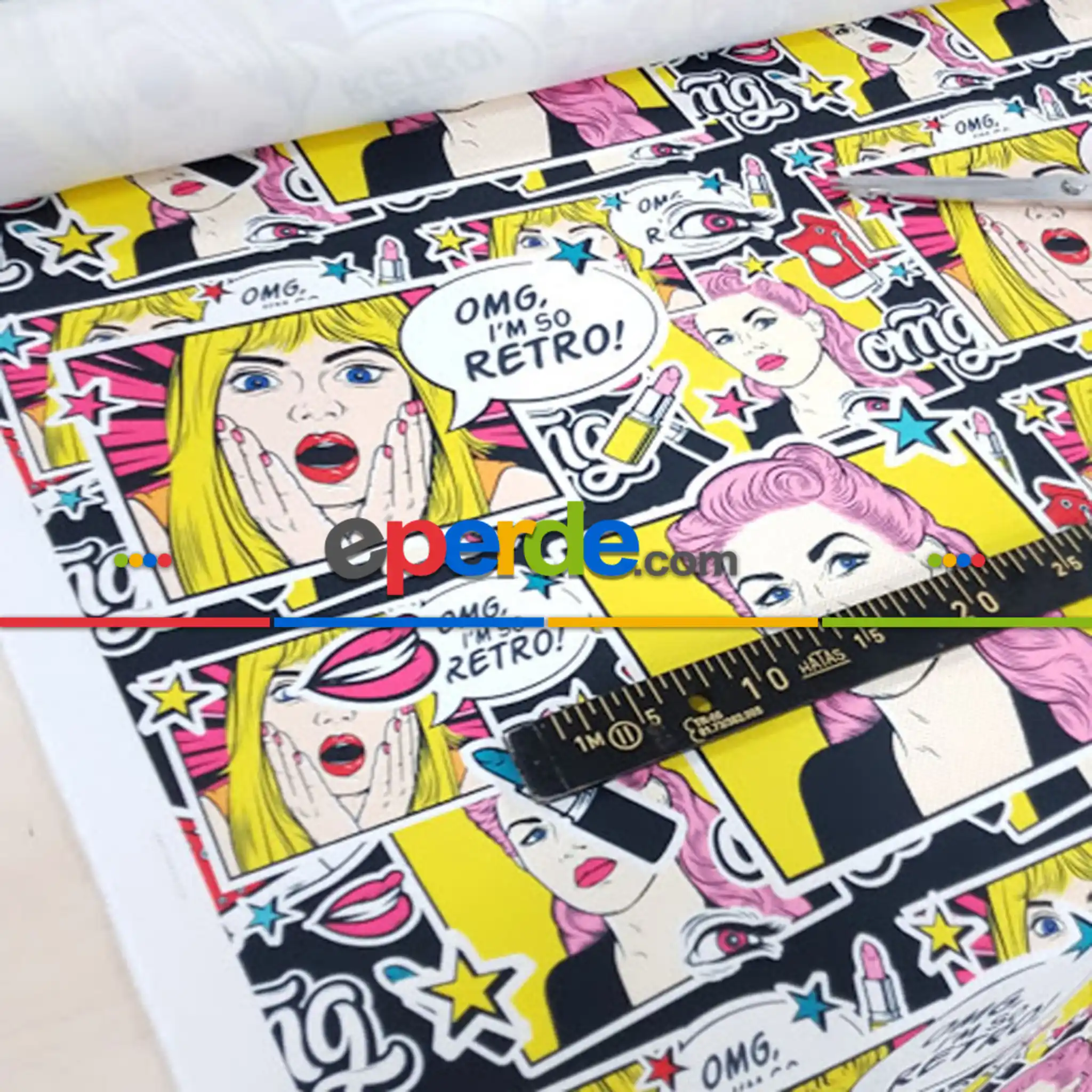 Genç Odası - Popart Desenli Fon Perde Evm1072 Kumaşı Kalındır Duck Bezi Değildir- Siyah-Sarı-Pembe Koyu