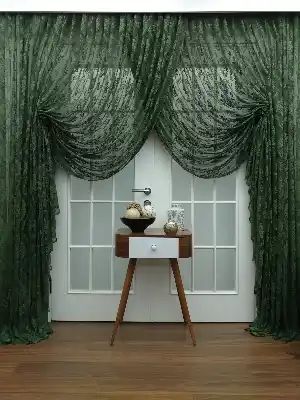 Koyu Yeşil - Damask Desenli Kruvaze Perde- Yeşil Koyu Yeşil