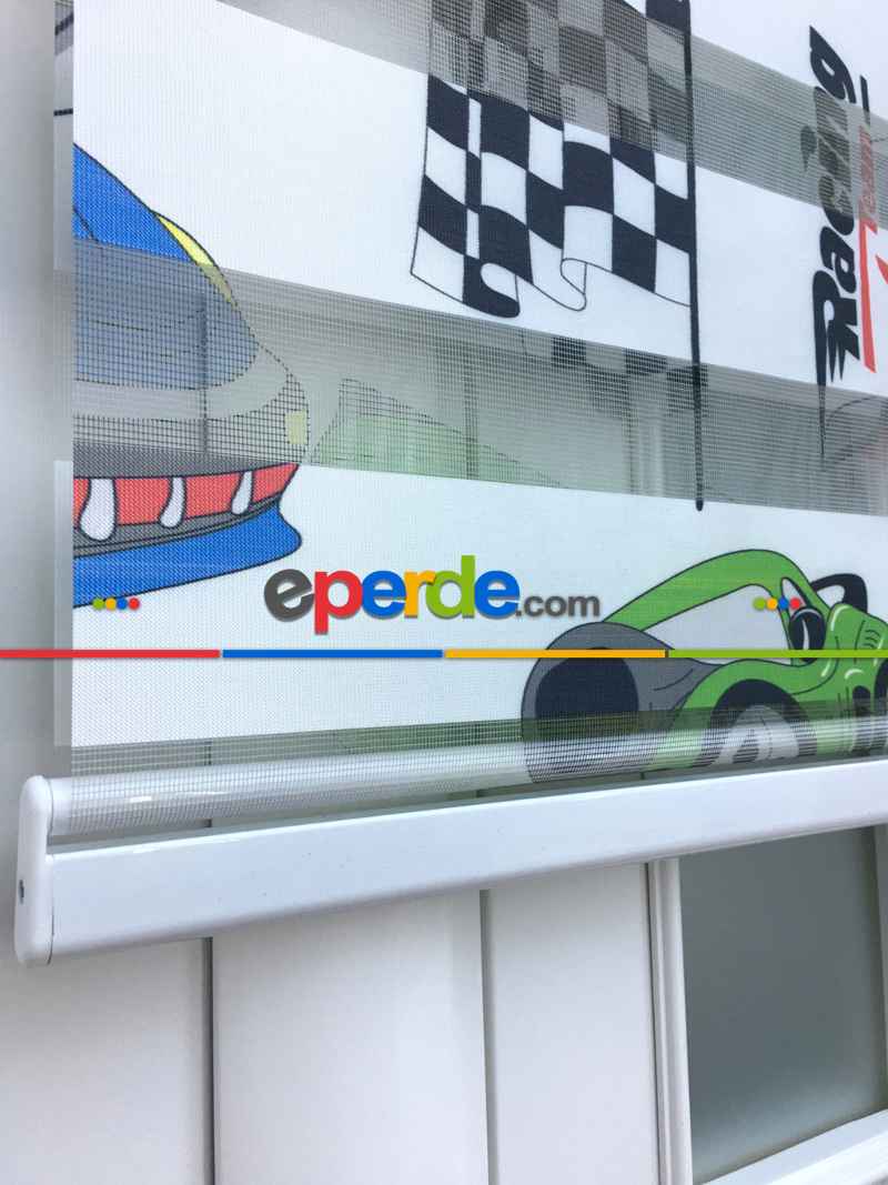 Zebra Perde - Araba-far Baskılı Çocuk Ve Genç Odası- Yeşil-mavi-kiremit Rengi