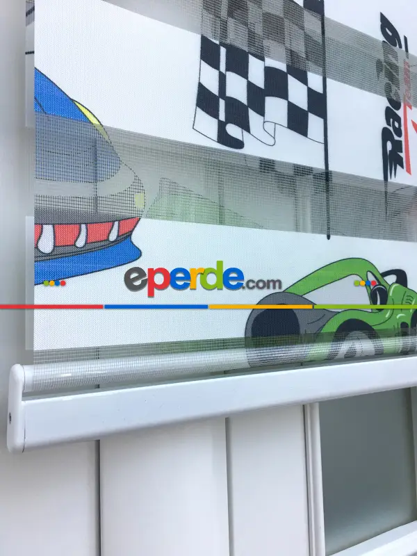 Zebra Perde - Araba-far Baskılı Çocuk Ve Genç Odası- Yeşil-mavi-kiremit Rengi